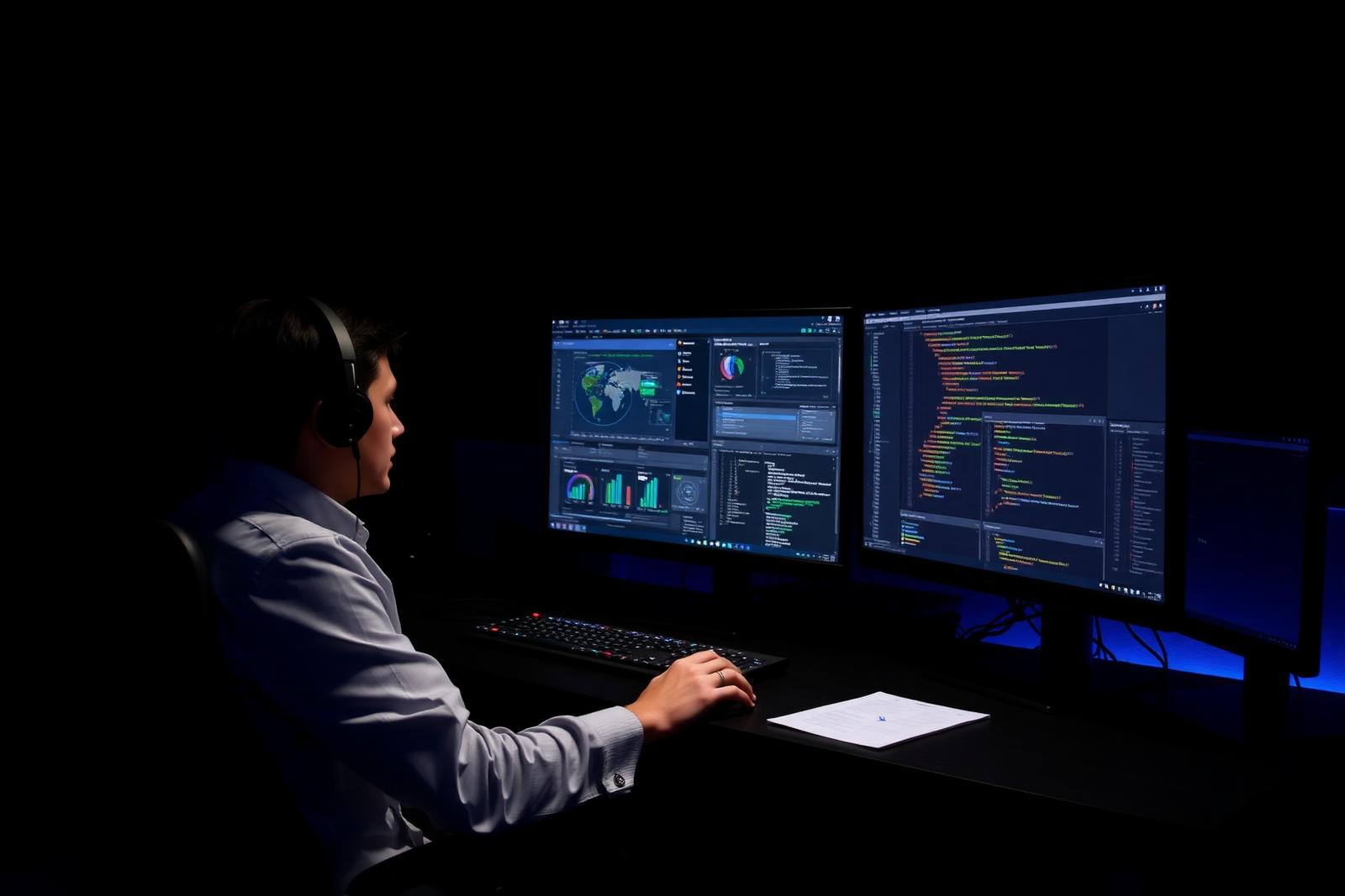 Engineer reviewing automated test results and monitoring dashboards on dual screens