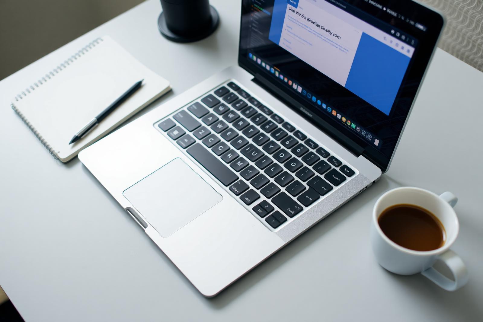Laptop on a desk displaying a web application interface next to a notebook and a cup of coffee